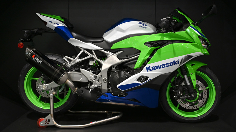 A Kawasaki Ninja ZX-4RR Performance motorcycle is displayed during the Devitt Insurance MCN London Motorcycle Show