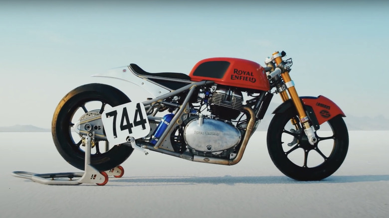 A profile shot of the Royal Enfield Bonneville Racer motorcycle