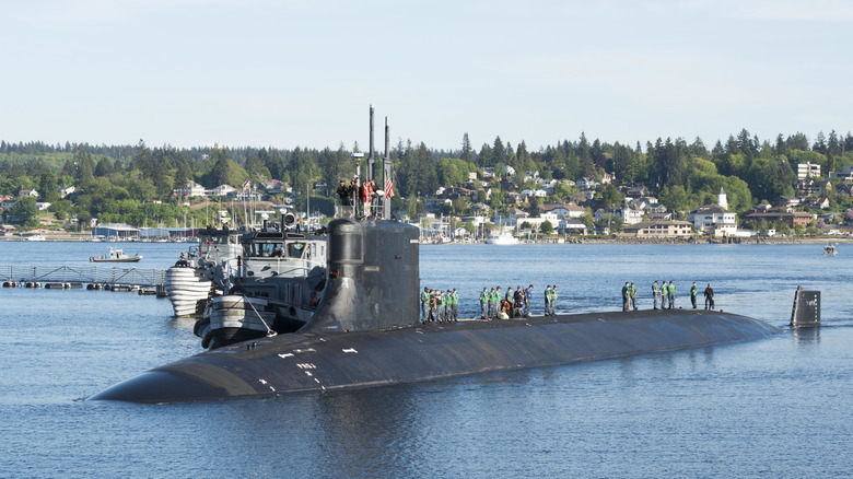The USS Connecticut moored and stationary at a naval port in 2018