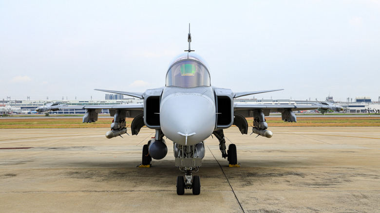 The JAS Gripen fighter jet view from the front