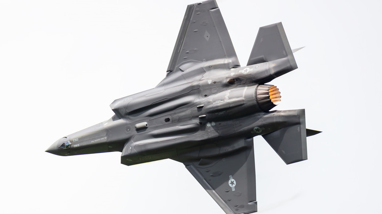 A Lockheed Martin F-35 Lightning 2 in flight seen from below