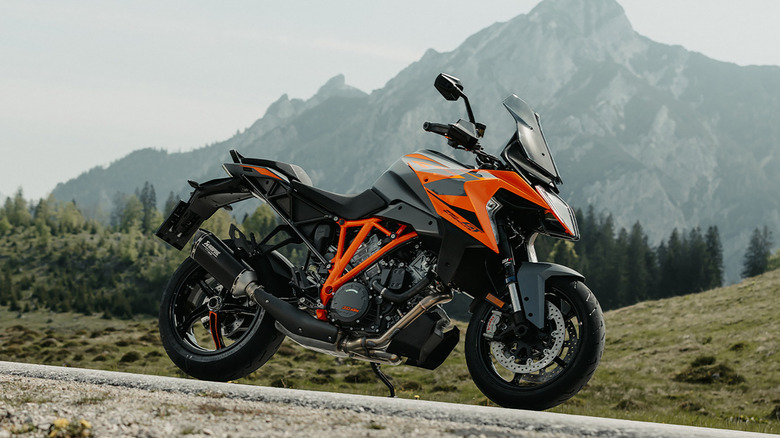 A black and orange KTM 1290 Super Duke GT parked
