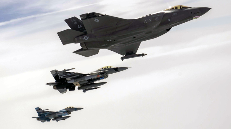Three USAF jet fighters in flight