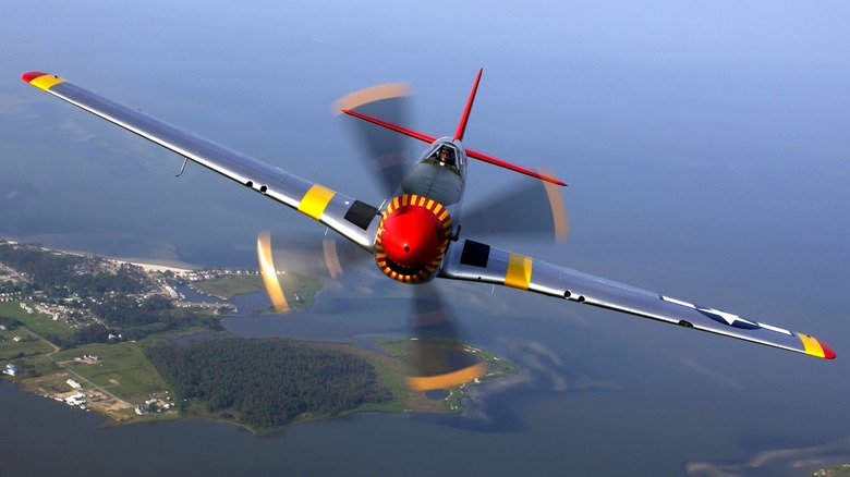 A front view of a P-51 Mustang flying over Virginia in 2004
