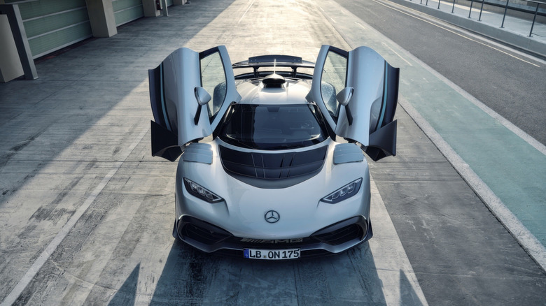 Mercedes-AMG One photographed from above front view with gullwing doors open