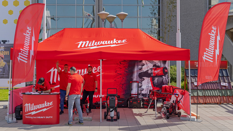 milwaukee pop up tent with products 