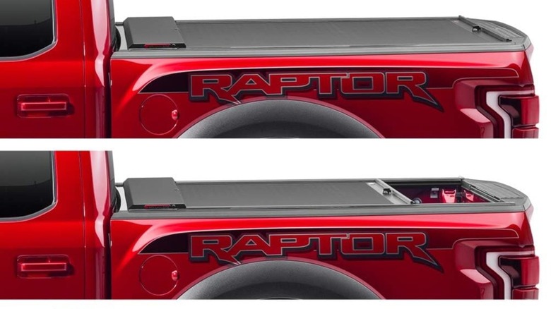 Ford F-150 Raptor equipped with a RealTruck retractable bed cover.