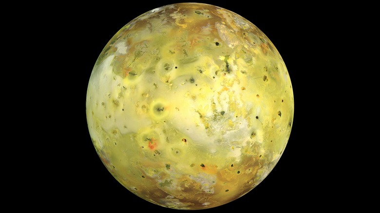 An Enhanced color image of Io from the Galileo spacecraft, taken in 1999.