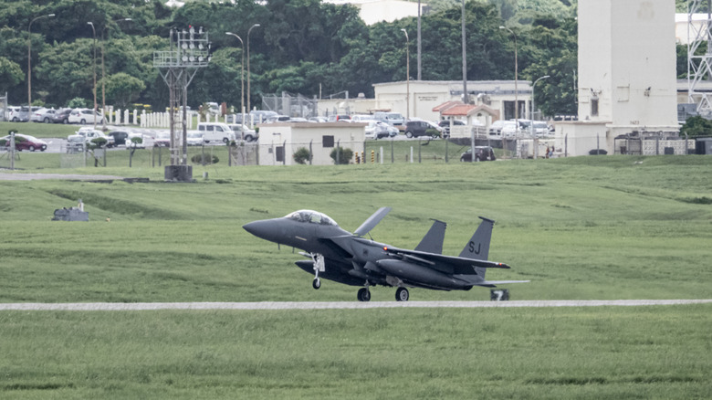 A F-15 landing at Kadena Air Base