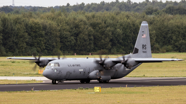 A U.S. Air Force Lockheed C-130 Hercules about to take off from Ramstein Air Base