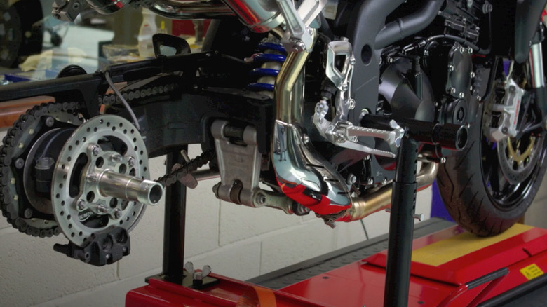 High-performance motorcycle on a repair stand