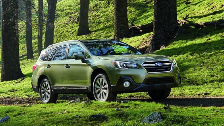 A green 2019 Subaru Outback in a forest