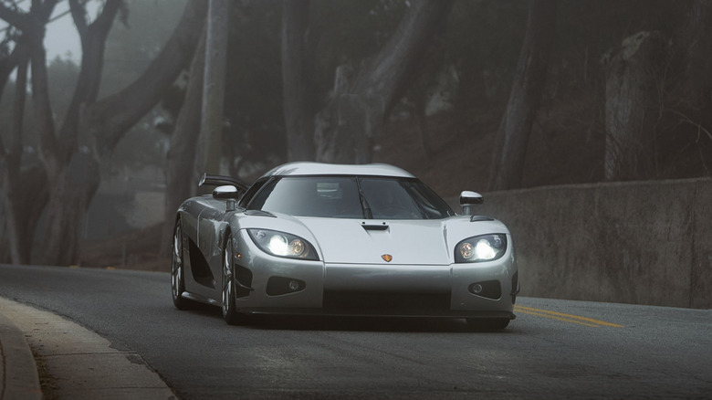 Koenigsegg CCX supercar front 3/4 view while driving