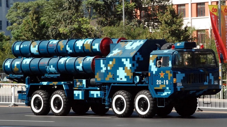 A Chinese HQ-9 launcher with digital camo on the street