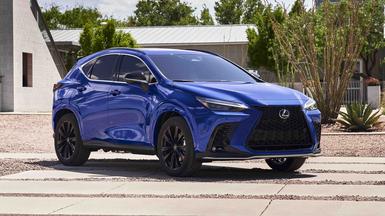 A blue 2025 Lexus NX 450h+ PHEV parked outside of a home with gravel landscaping, front 3/4 view