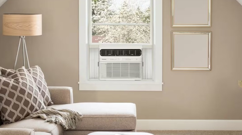 A Frigidaire air conditioner in a window.
