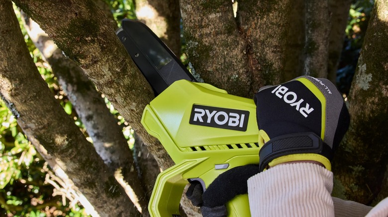 A person using a Ryobi pruning chainsaw on a tree branch.