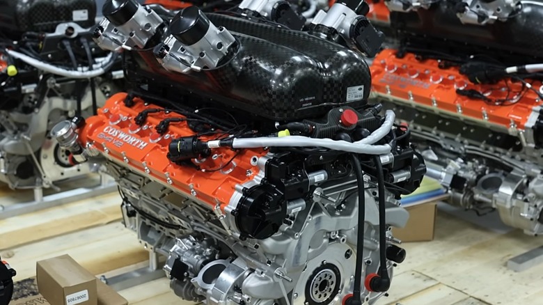 3.9-liter Cosworth GMA V12 engines on display at the Cosworth factory