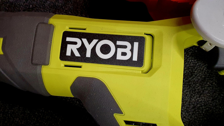 closeup of ryobi logo on a power tool
