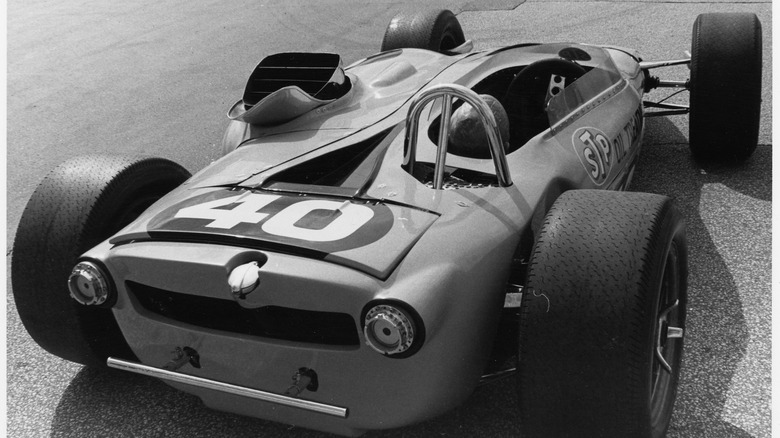 1967 STP-Paxton Turbocar in black & white photo, rear-view