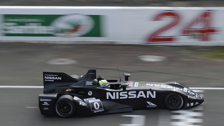 Panoz/Nissan DeltaWing competing in 2012 24 Hours of Le Mans, right-side aerial view
