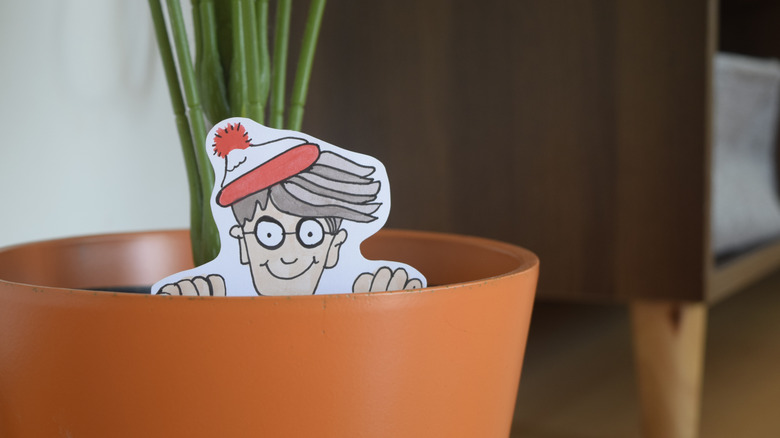 Cartoon drawing of Waldo poking out of a plant pot