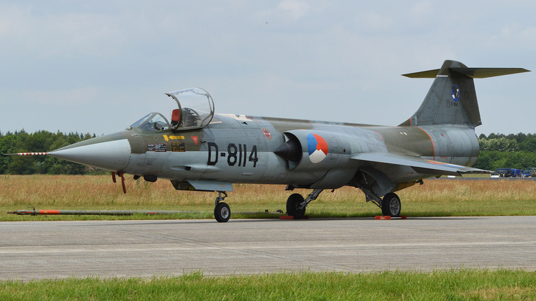 An F-104 Starfighter preparing for takeoff on a runway