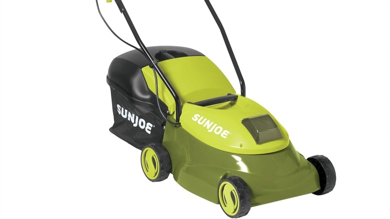 Bright green and black Sun Joe lawn mower on a white background