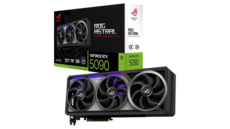 Asus ROG Astral RTX 5090 next to its box on a white background