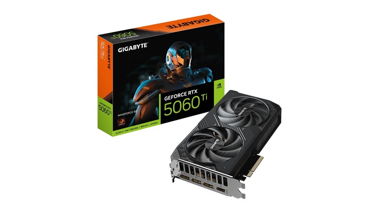 Gigabyte Twinforce RTX 5060 Ti next to its box on a white background