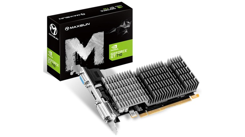 Maxsun GeForce GT 710 next to its box on a white background