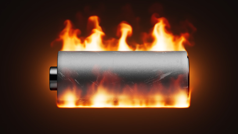 A graphic of a battery in flames