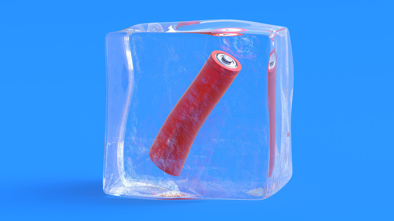 A depiction of a lithium-ion cell in a block of ice