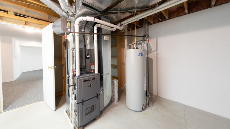 Basement area with storage equipment.