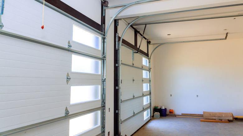 The interior of a spacious garage.