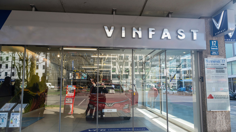A VinFast car dealership with glass front located in Munich, in Germany