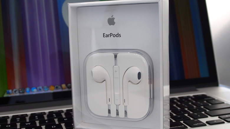 The Apple EarPods box sitting on top of a Mac