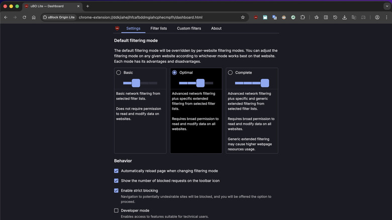 uBlock Origin Lite extension settings page.