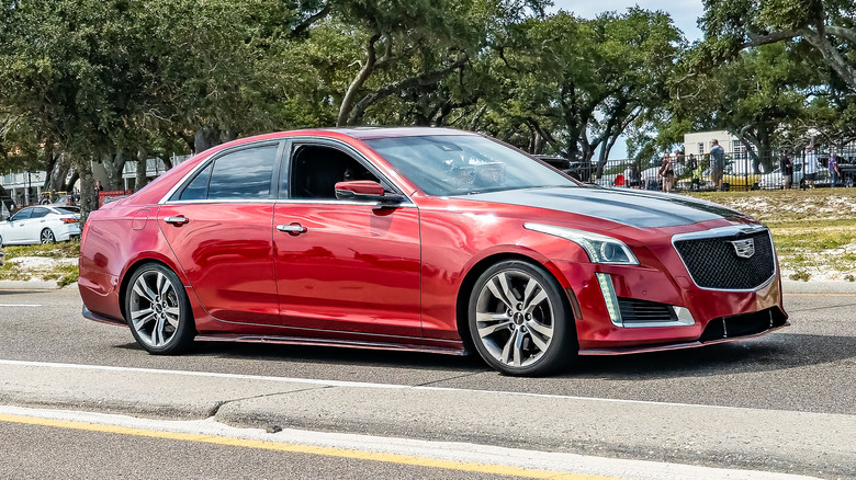 Red 2019 Cadillac CTS-V on a road.