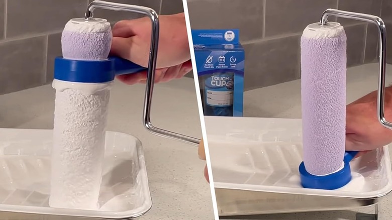 A person cleaning paint roller