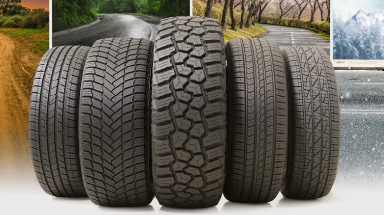 Tires in front of seasonal images