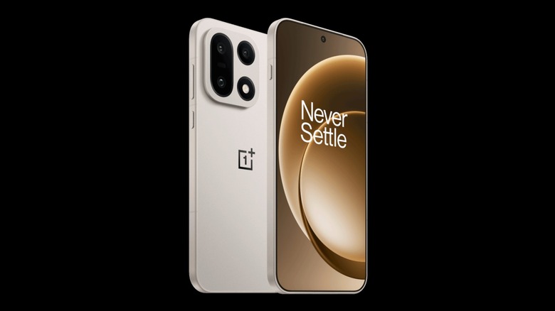 OnePlus 15 phone shown at an angle with a front and back view