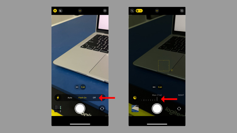 Screenshots highlighting the Flash and Night Mode options in iPhone's camera app