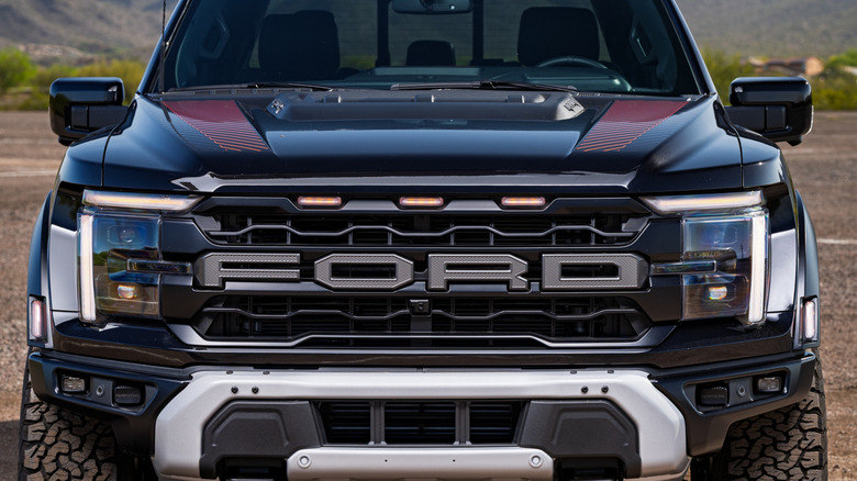 A close-up of a black Ford F150 Raptor grille.