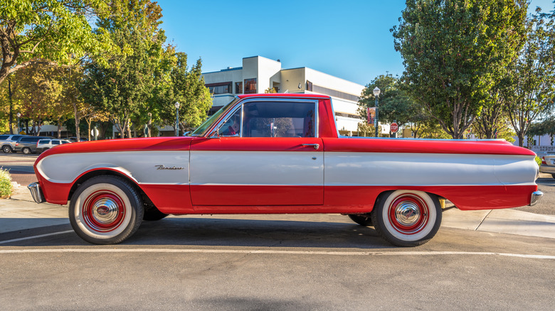 Profile shot of 1963 Ford Falcon Ranchero in red and grey