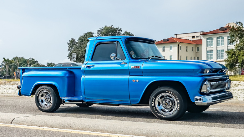 Profile shot of blue chevrolet c10 sidestep pickup truck