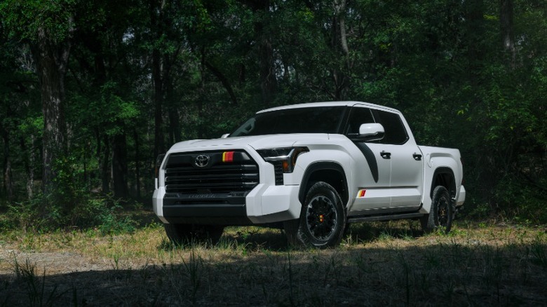 A white 2026 Toyota Tundra in a forest