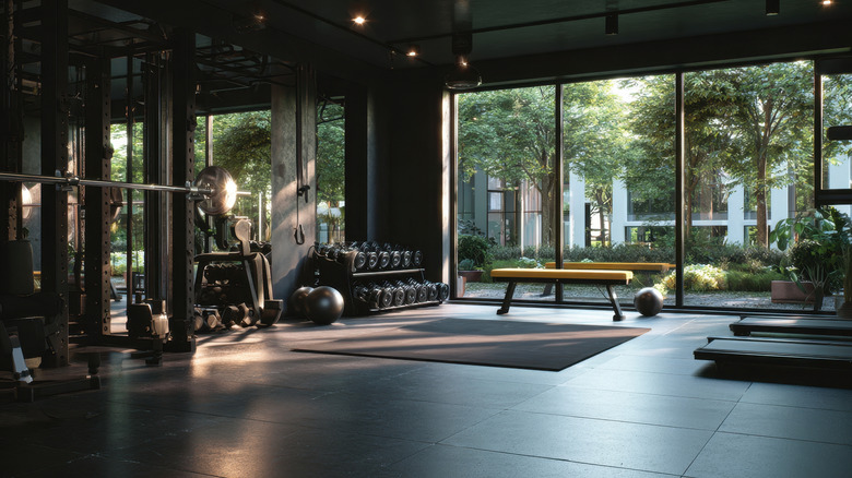 View of exercise equipment in an empty gym.