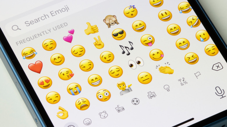 Emojis sorted by usage frequency are seen in the iMessage app on an iPhone.