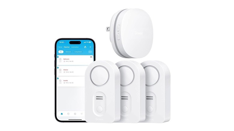 Water leak detectors with a smartphone on a white background